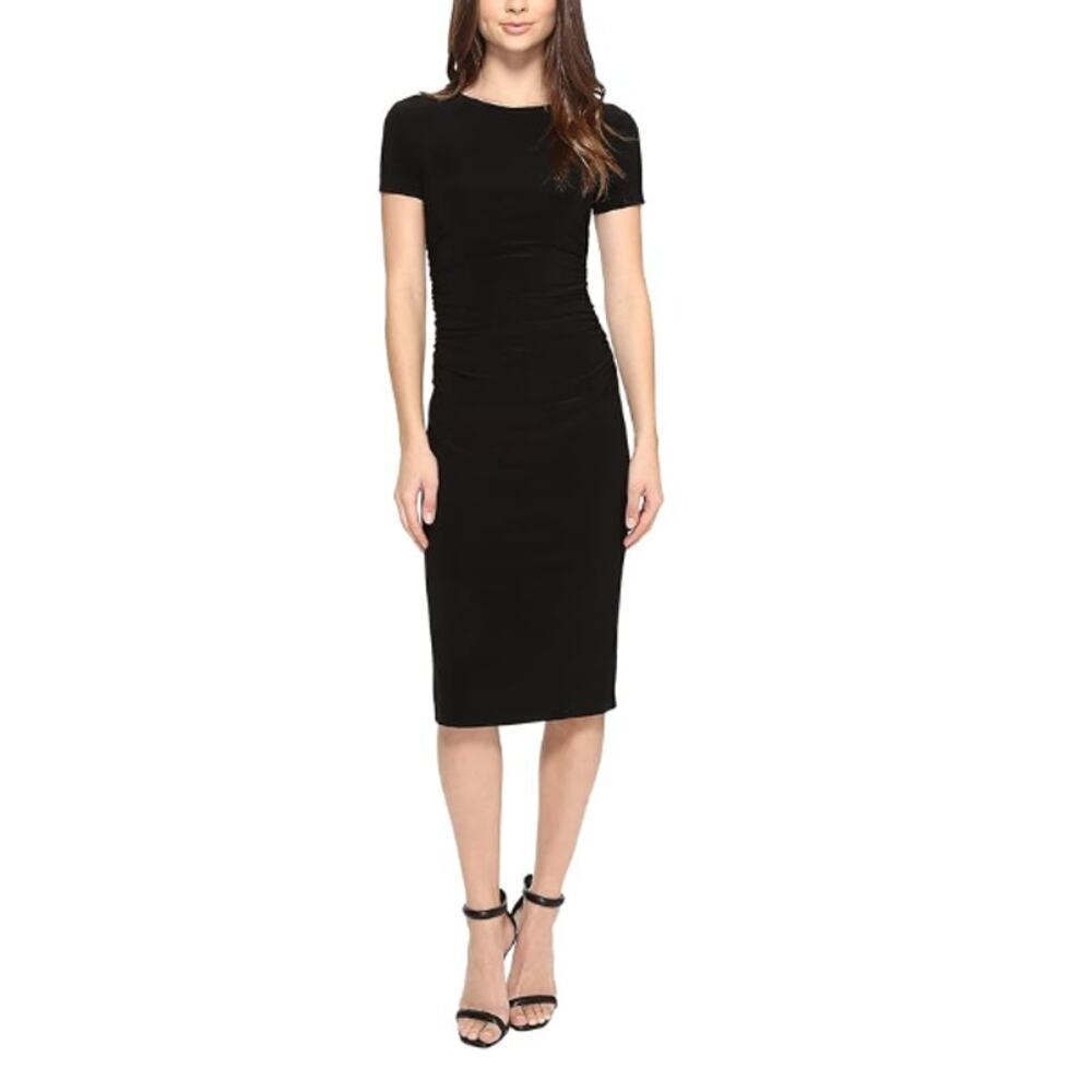 Norma Kamali Women's Black Short Sleeve Crew Neck Shirred Waist Dress Size M